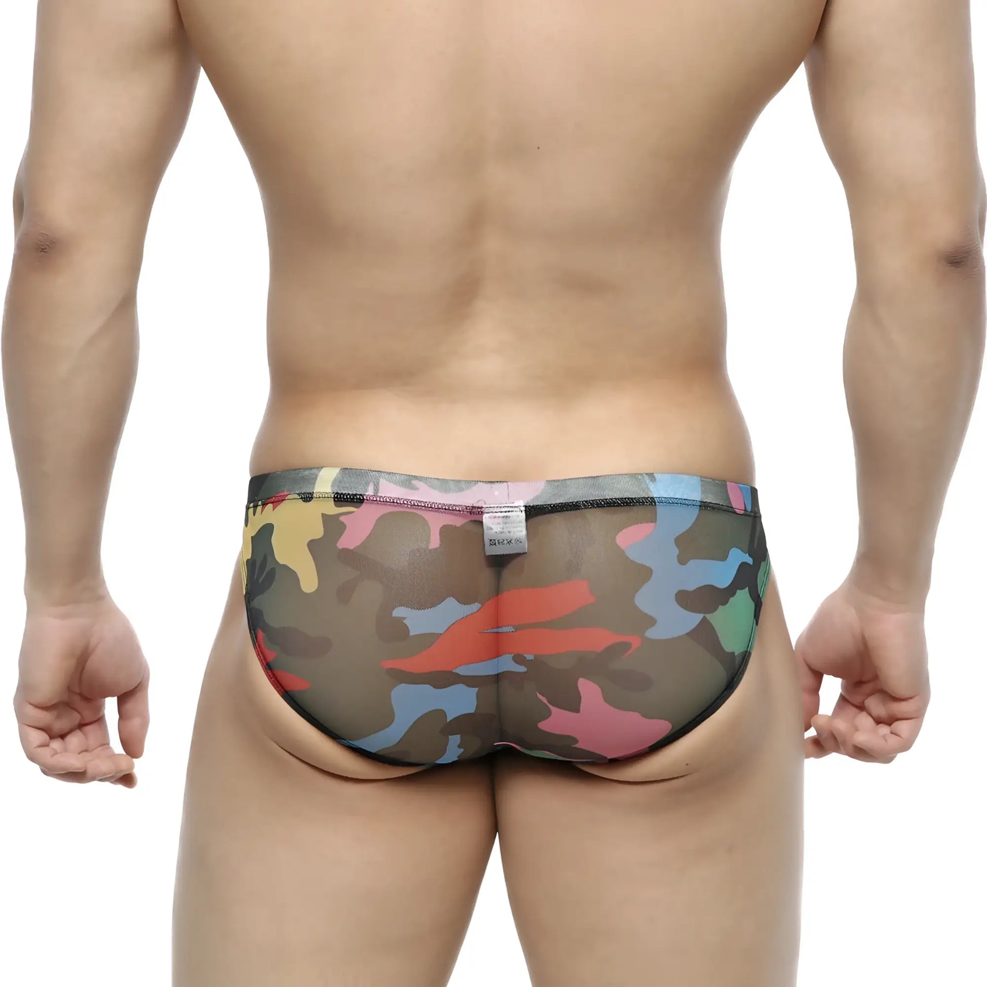 MetroMalewear mixtos bikini 5103-24 multicolored camouflage mesh briefs with sheer fabric and bold red blue green yellow pink splotches