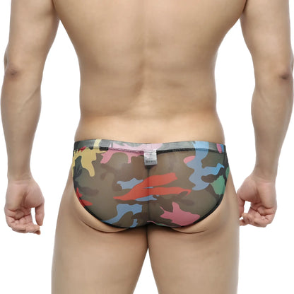 MetroMalewear mixtos bikini 5103-24 multicolored camouflage mesh briefs with sheer fabric and bold red blue green yellow pink splotches