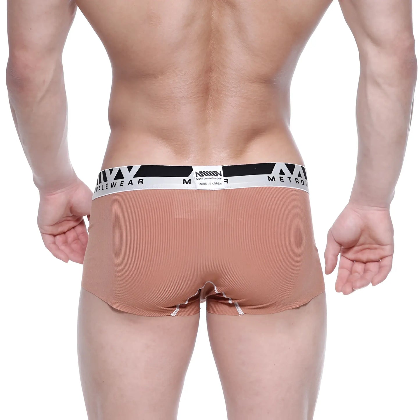 Tan modal seamless ribbed men’s briefs with a black and white branded waistband from MetroMaleWear brown 1123-23
