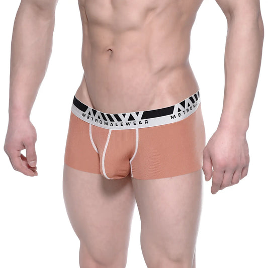 Tan ribbed modal seamless men’s briefs with a black and white metromalewear branded waistband front view