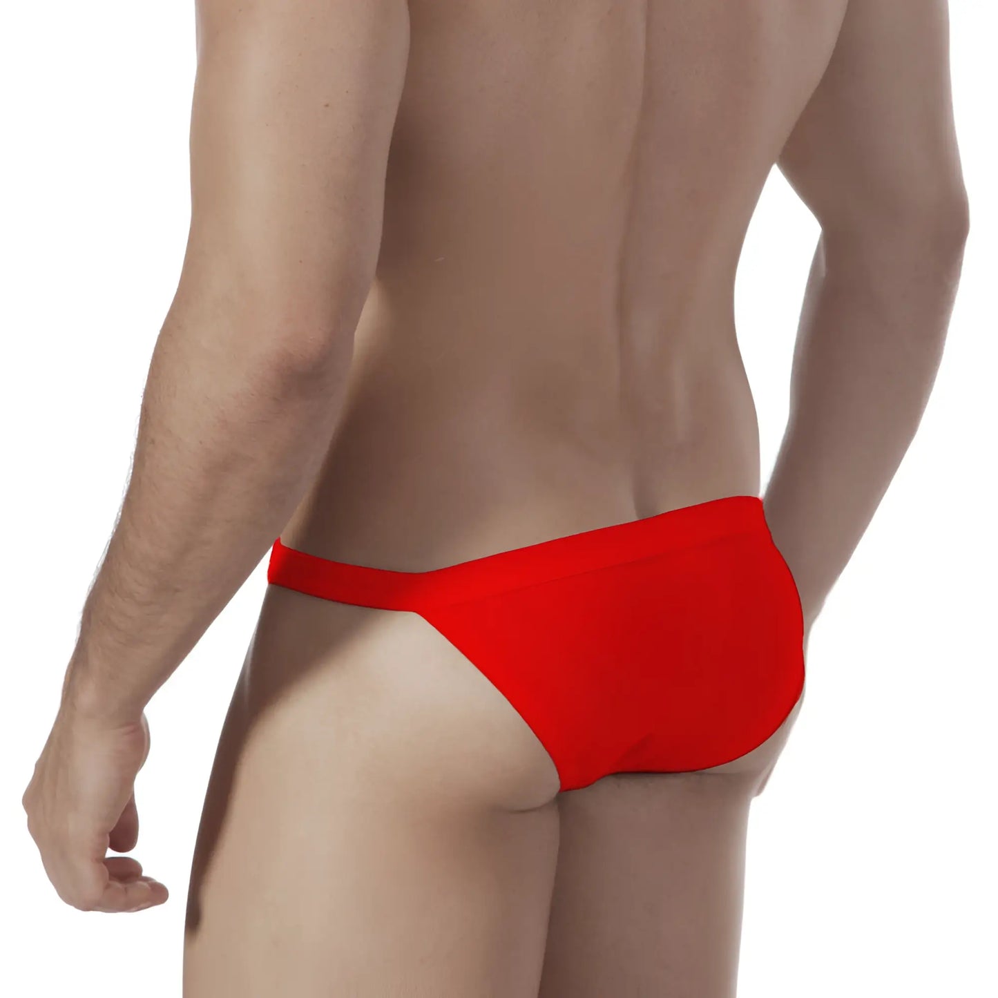 Bright red form-fitting swim trunks with a sleek minimalist design from MetroMaleWear Modern Bikini Red 4004-12