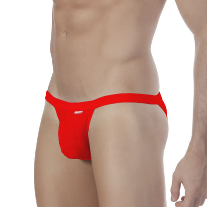 Red men’s thong with snug fit and white madness embroidery from metromalewear modern bikini red 4004-12