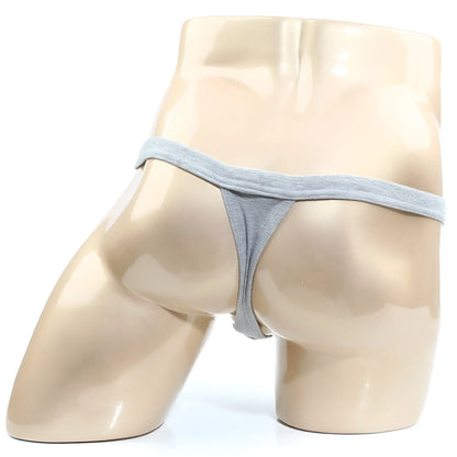 Gray cotton thong with modern pouch design displayed on a mannequin from MetroMaleWear Jasper 4002-09