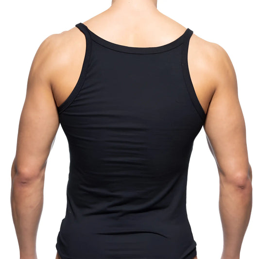 MetroMaleWear modern black sleeveless tank top with rounded neckline and fitted design for casual wear
