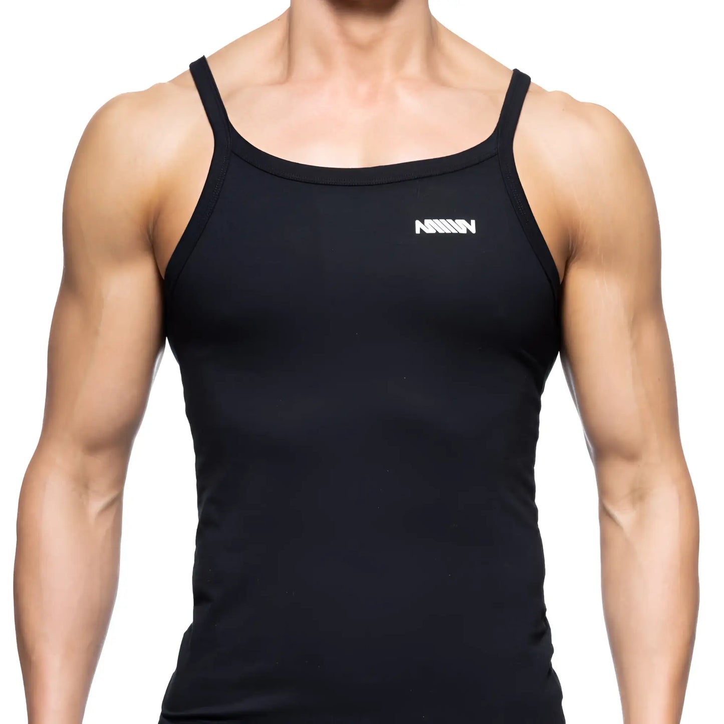 Black sleeveless tank top with thin straps and white logo on chest from metromalewear modern tank top collection