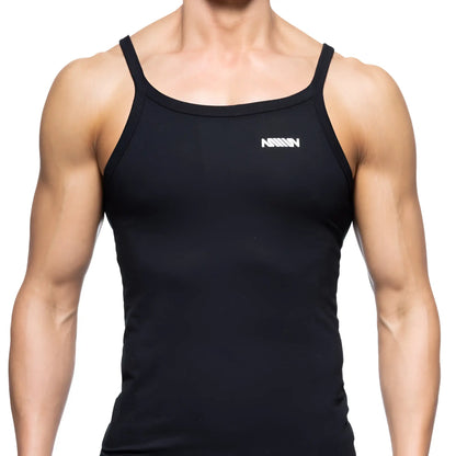 Black sleeveless tank top with thin straps and white logo on chest from metromalewear modern tank top collection