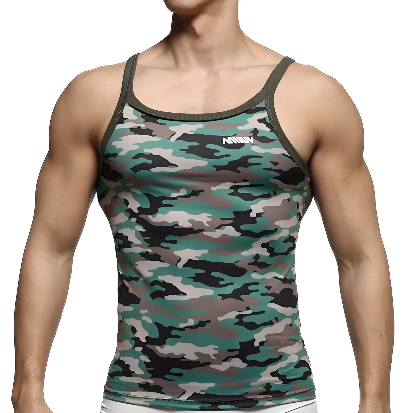 MetroMaleWear modern tank top camo 3126-60 green and black camouflage pattern with olive green trim