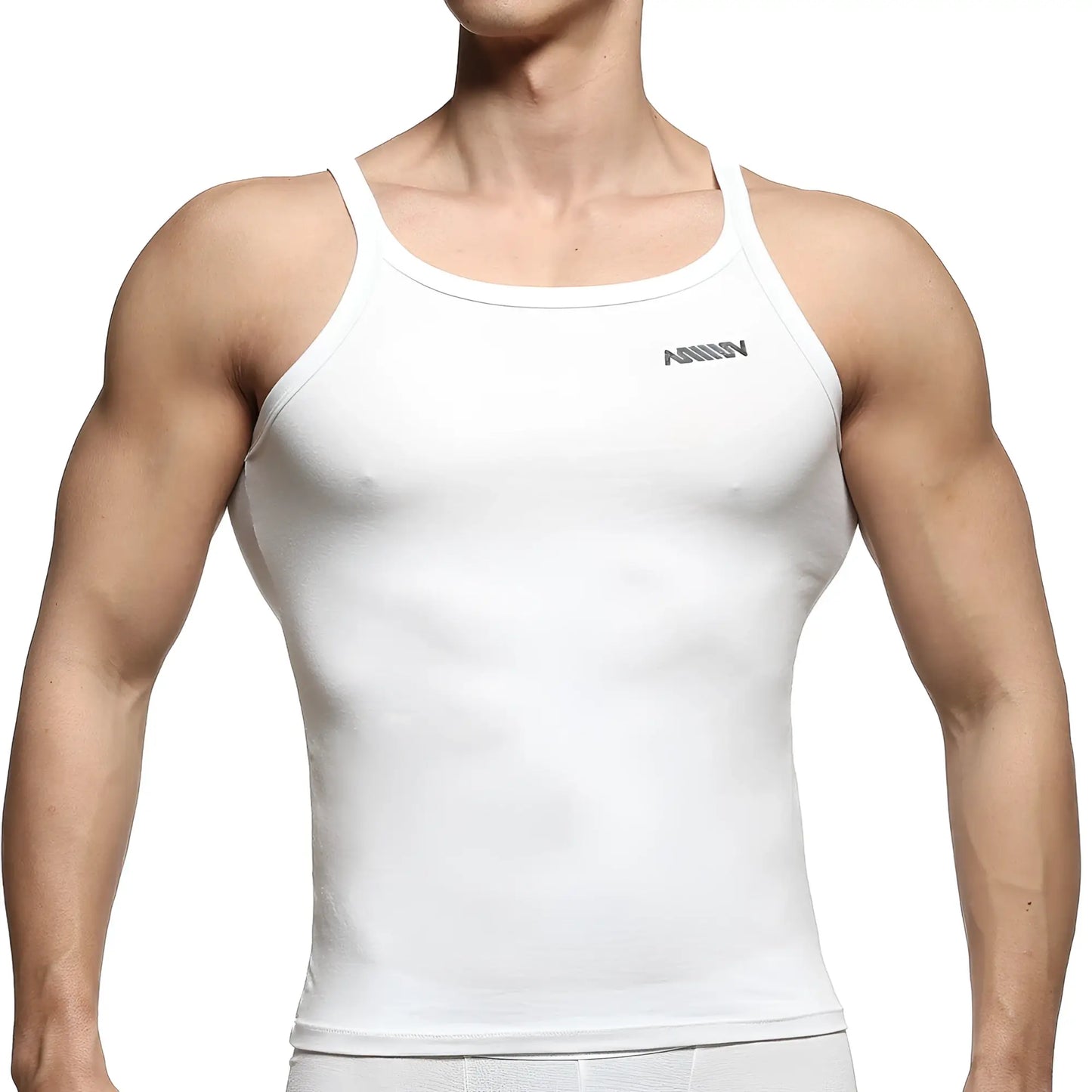 White form-fitting tank top with subtle gray logo on upper left chest from metromalewear modern tank top 3126-00