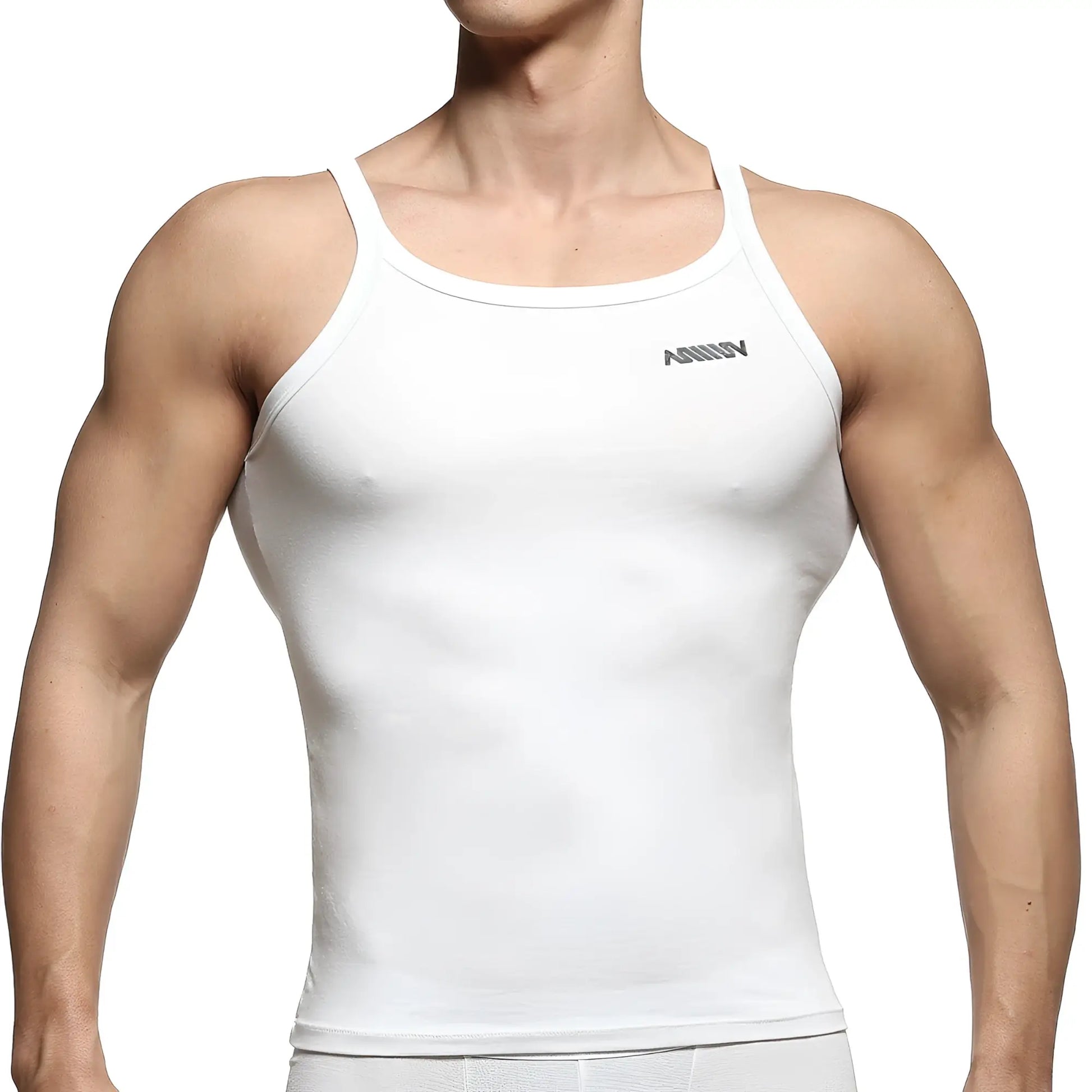 White form-fitting tank top with subtle gray logo on upper left chest from metromalewear modern tank top 3126-00