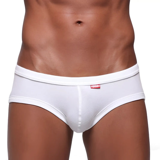 MetroMaleWear modern trunk white men’s briefs with a red logo on the waistband in breathable fabric