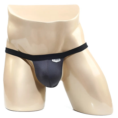 Black mens charcoal thong by metromalewear with smooth stretchy fabric and subtle logo on waistband front view