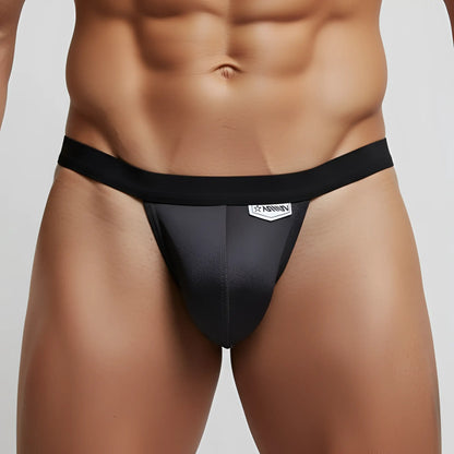 Black satin-like charcoal briefs with sleek form-fitting design and subtle sheen from MetroMaleWear Modernizing Thong