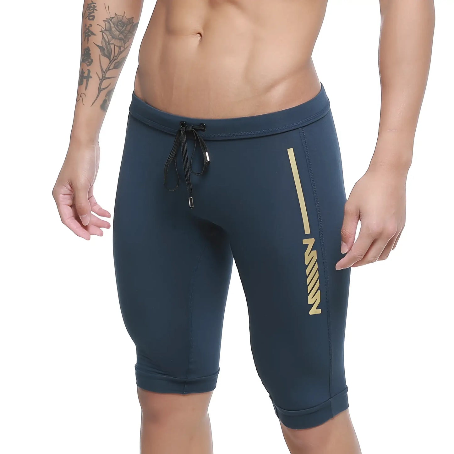 Dark blue metro male wear mojave biker athletic shorts with gold stripe logo elastic waistband and drawstring