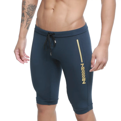 Dark blue metro male wear mojave biker athletic shorts with gold stripe logo elastic waistband and drawstring