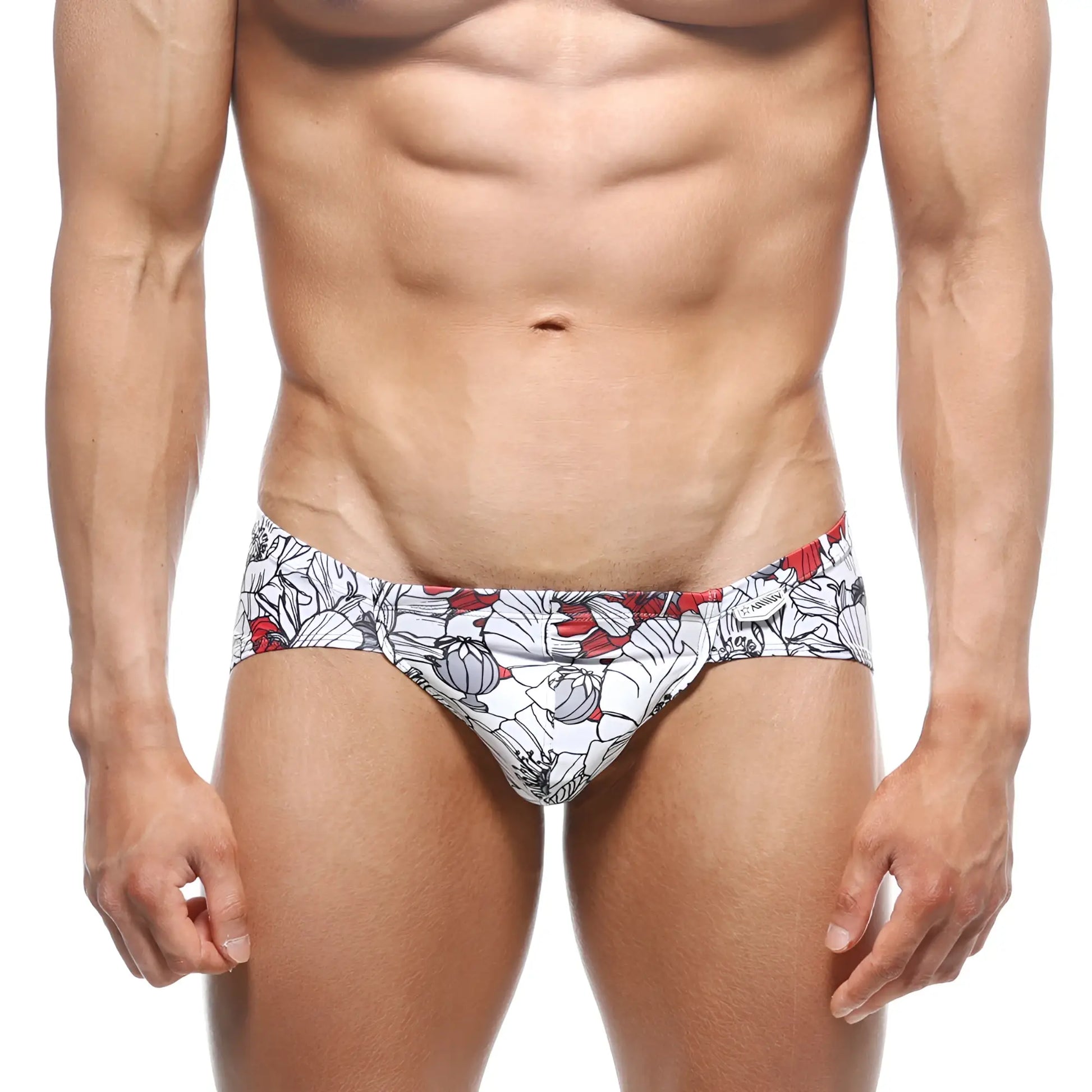 MetroMaleWear Mojito Bikini Escobar 1006-09 white swim trunks with bold red and gray floral pattern for beachwear