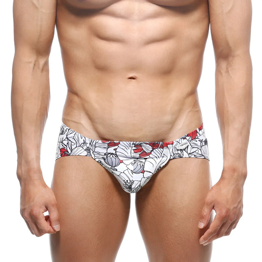 MetroMaleWear Mojito Bikini Escobar 1006-09 white swim trunks with bold red and gray floral pattern for beachwear