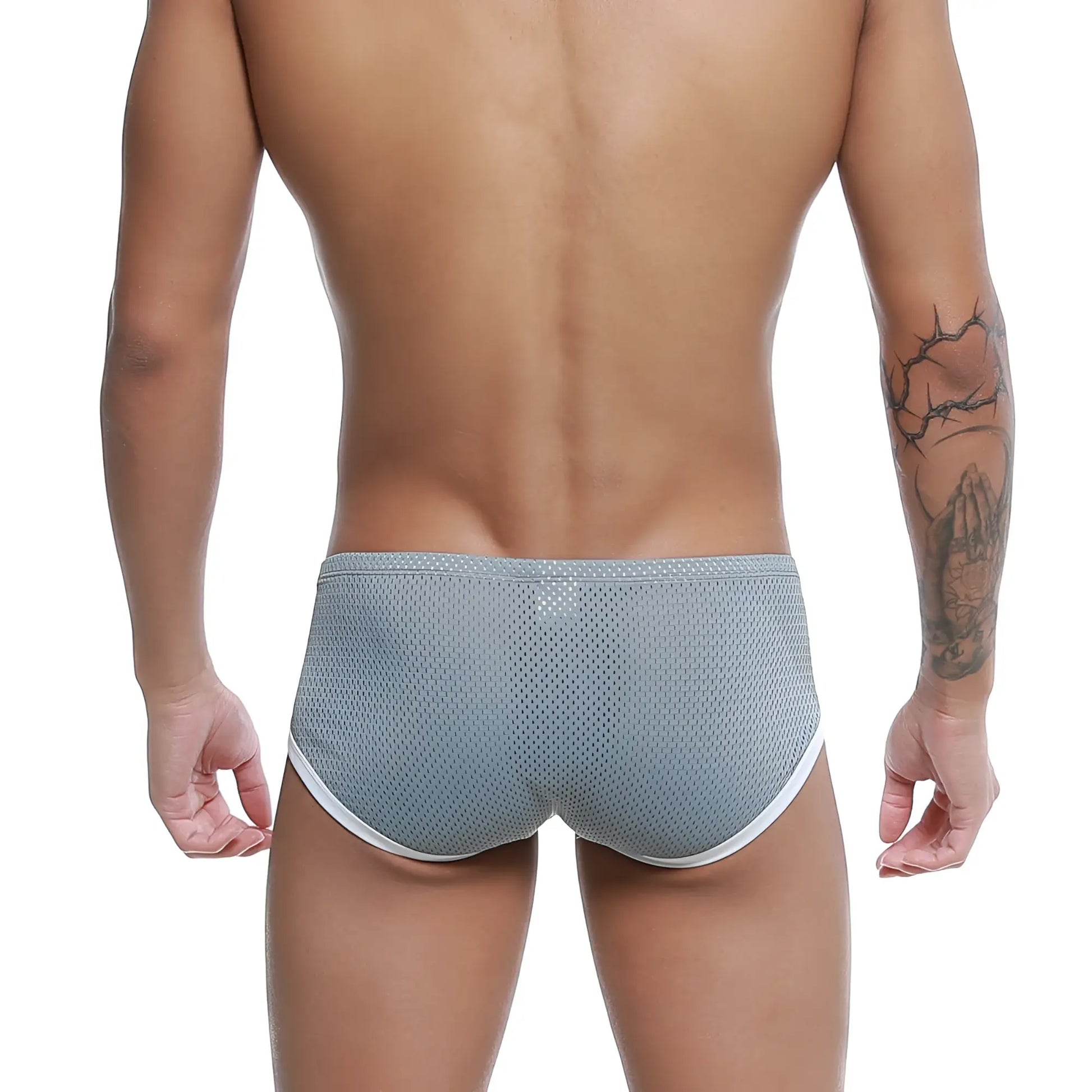 Gray mesh briefs with white trim from metromalewear mojito bikini gray 1006-10 for comfortable everyday wear