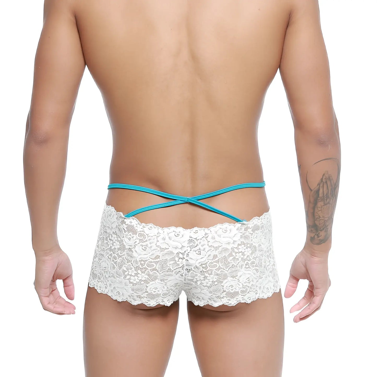 White lace men’s briefs with turquoise cross-back straps shown from the back metroMalewear molino trunk white 1034-00