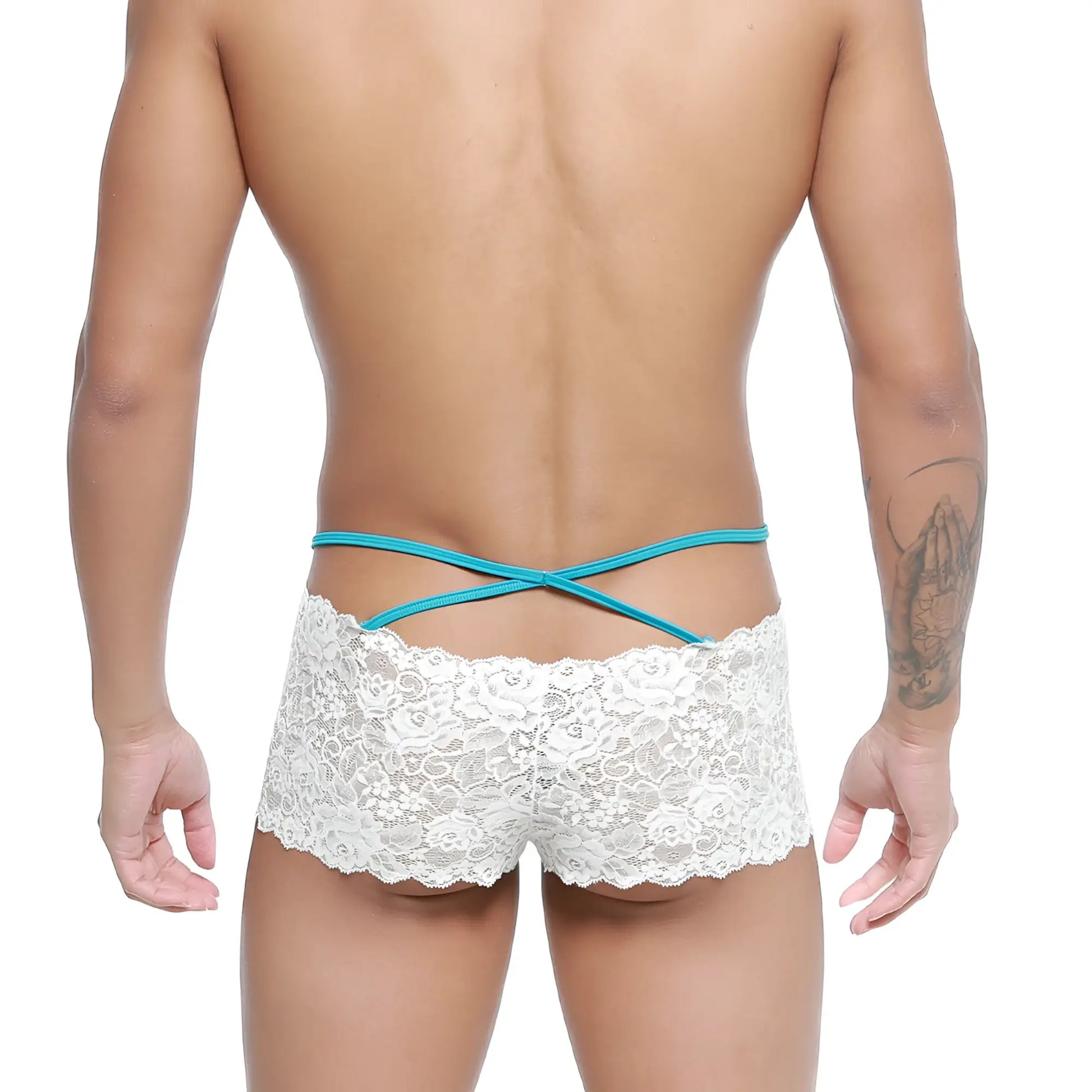White lace men’s briefs with turquoise cross-back straps shown from the back metroMalewear molino trunk white 1034-00
