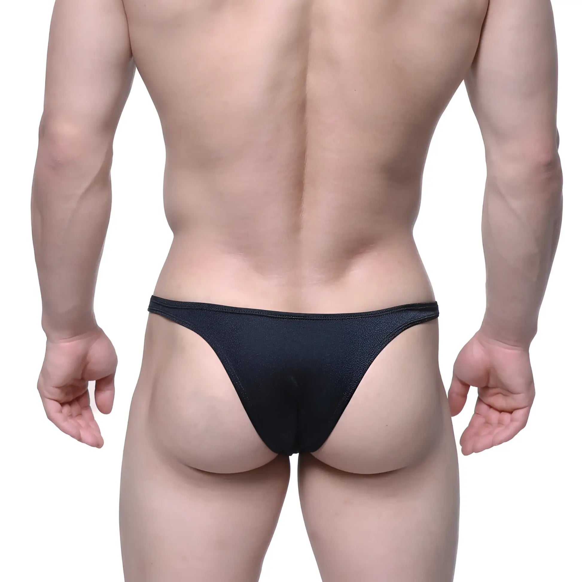 Black form-fitting MetroMaleWear Monaco Bikini 6010-20 made of smooth stretchy fabric shown from the back side