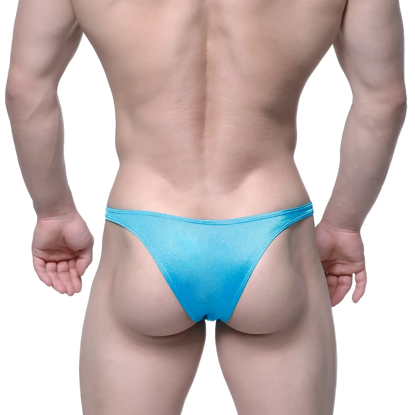 A vibrant blue shimmering fabric thong with smooth slightly translucent texture from MetroMaleWear Monaco Bikini Turquoise 6010-08