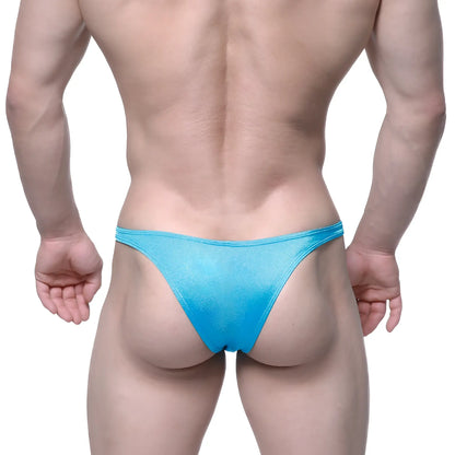 A vibrant blue shimmering fabric thong with smooth slightly translucent texture from MetroMaleWear Monaco Bikini Turquoise 6010-08