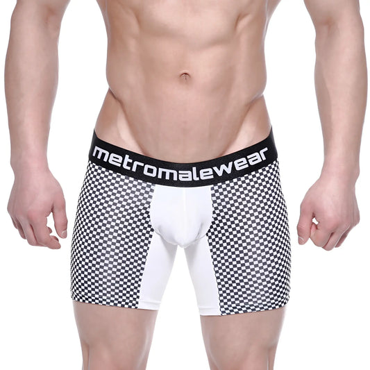 MetroMaleWear mosaic mid boxer 10 black and white checkered briefs with solid white panel and brand waistband