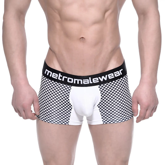 MetroMaleWear mosaic short boxer 7 inch black and white checkered men’s briefs with white panel and branded waistband
