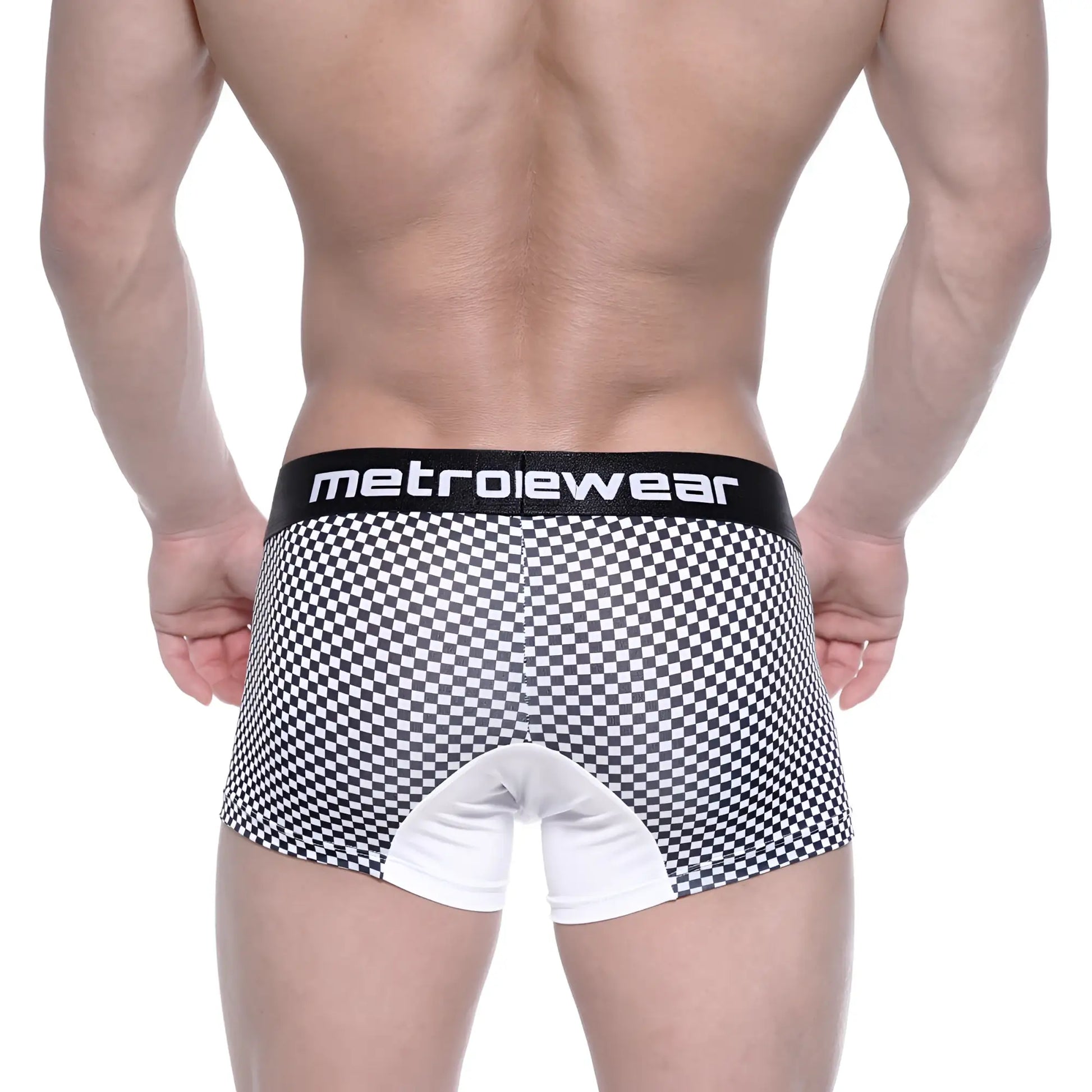MetroMaleWear mosaic short boxer 7 inch black and white checkered briefs with white crotch panel and metroiewear waistband