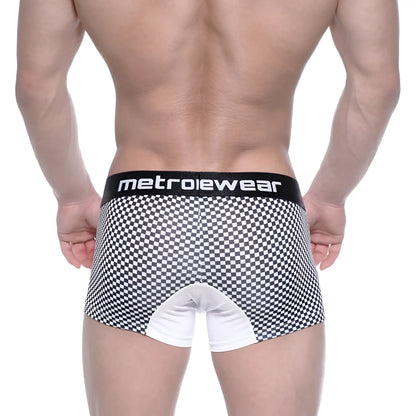 MetroMaleWear mosaic short boxer 7 inch black and white checkered briefs with white crotch panel and metroiewear waistband