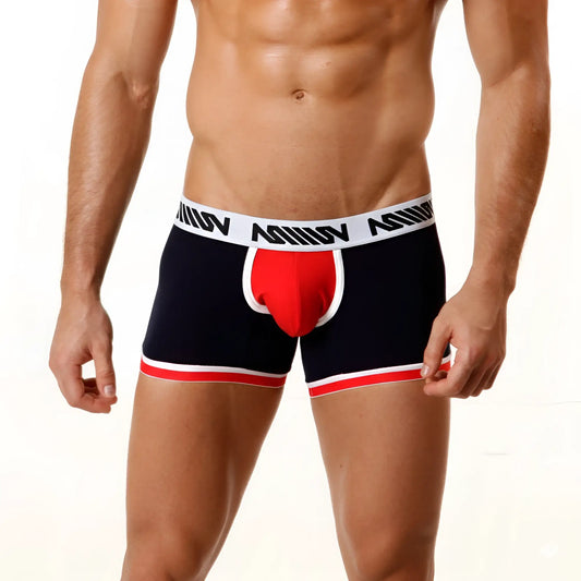 Navy blue and red MetroMaleWear men’s boxer briefs with white trim and bold M logo waistband for comfortable wear