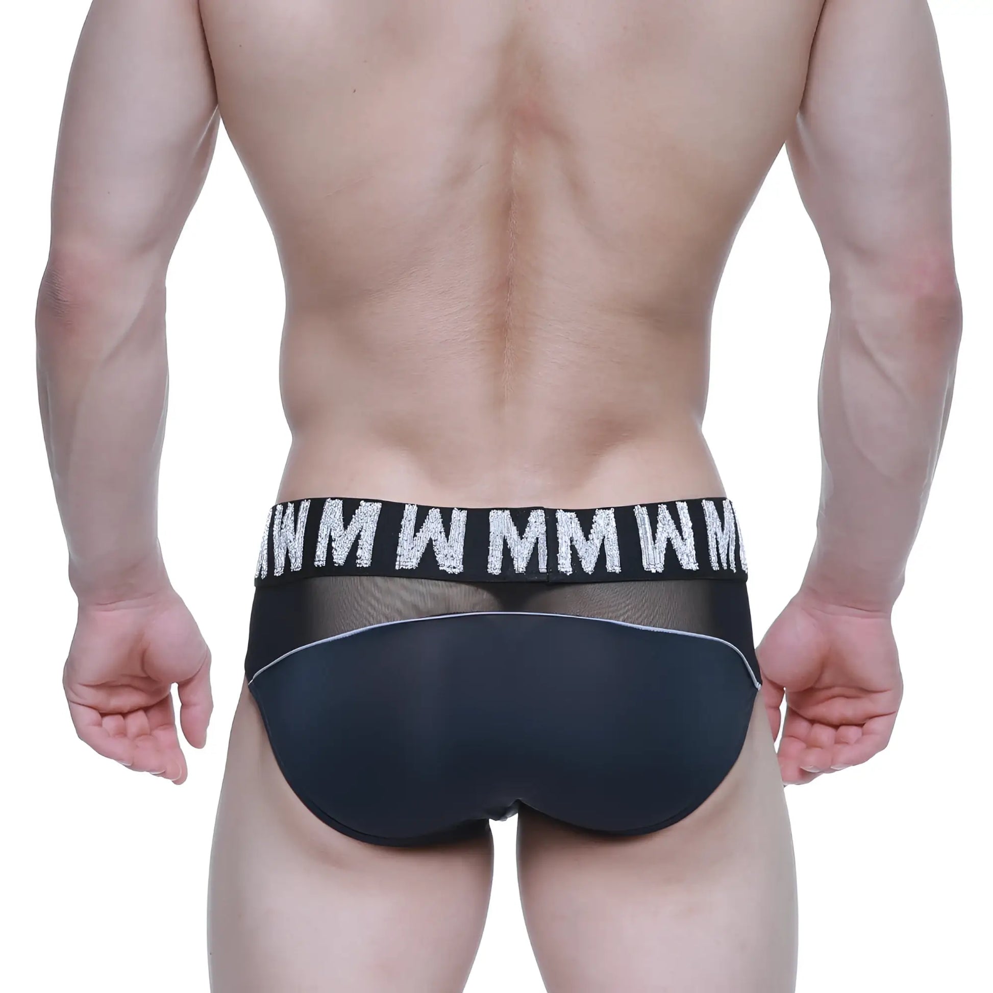Black mesh briefs with bold white wmm logo waistband from metromalewear mw brief black 5403-20 collection