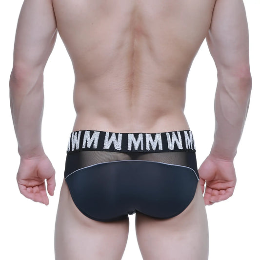 Black mesh briefs with bold white wmm logo waistband from metromalewear mw brief black 5403-20 collection