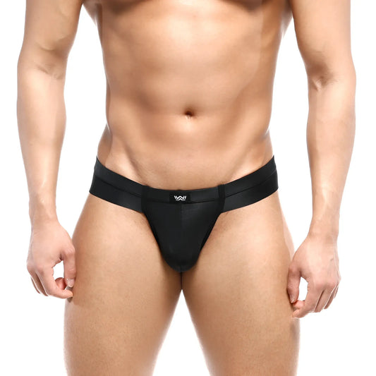 Black men’s thong with sleek minimalist design and small white logo on waistband metro male wear naked bikini black 6304-20