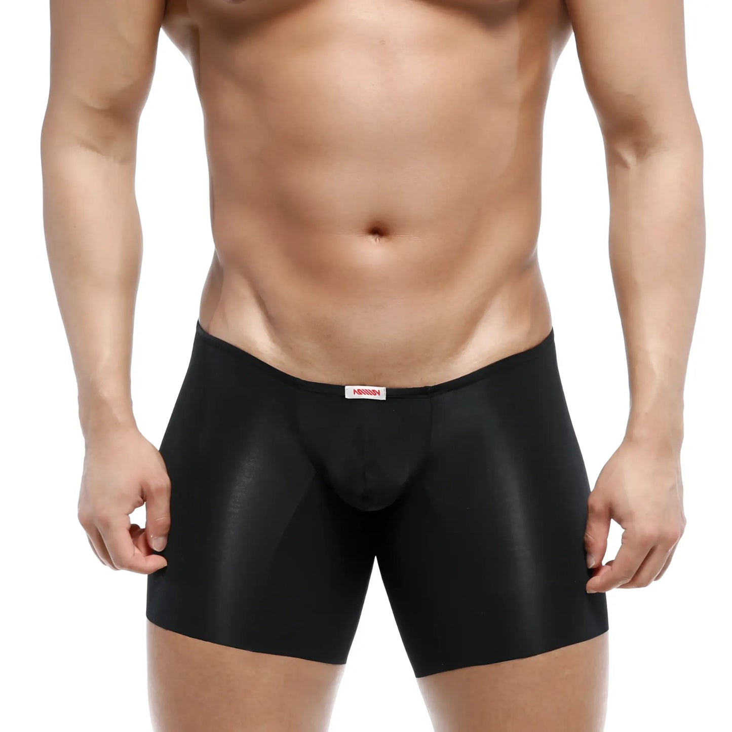 MetroMaleWear naked mid boxer black 2034-30 men’s sleek satin finish form fitting boxer briefs with red waistband tag