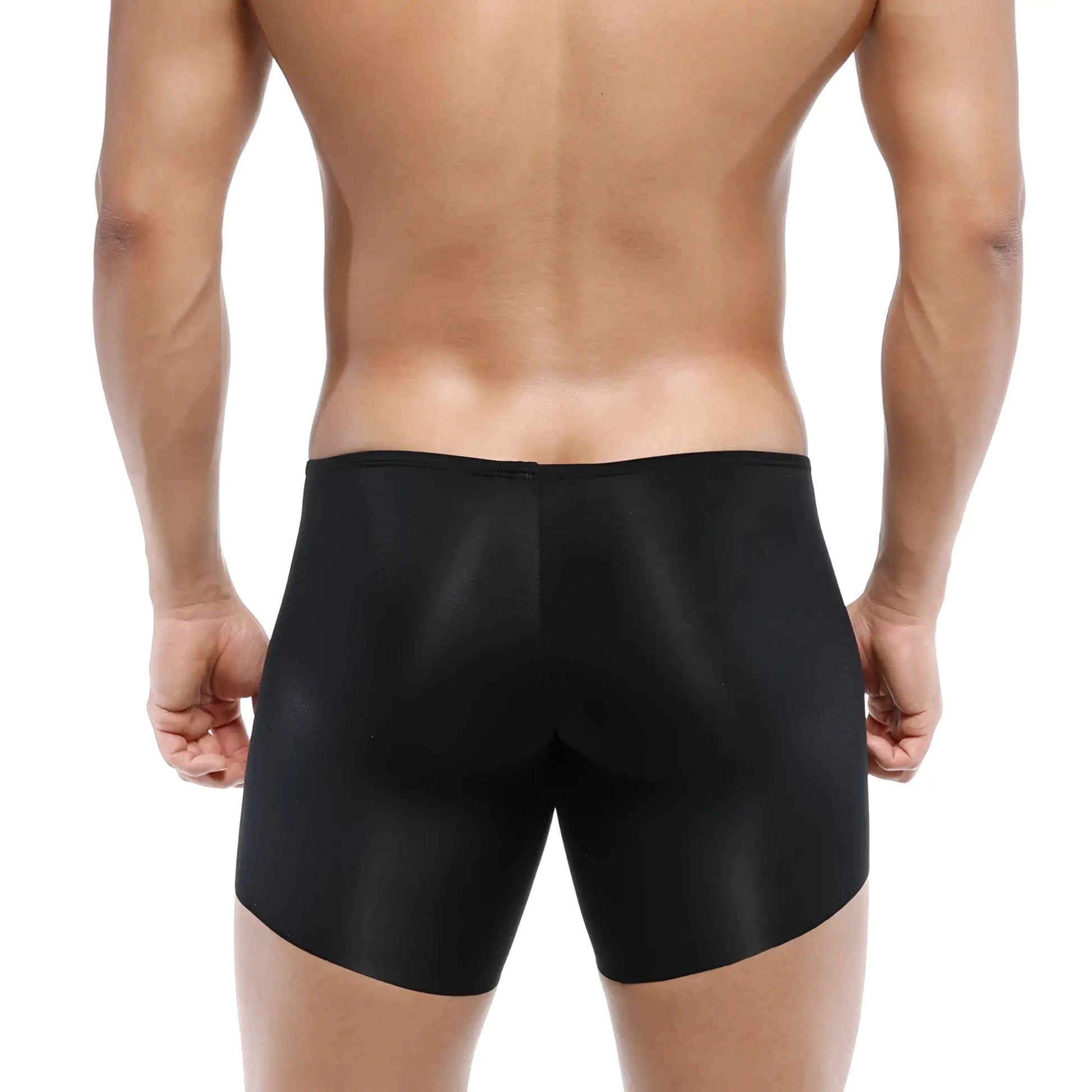 Black sleek satin-finish men’s briefs with a smooth form-fitting design from MetroMaleWear Naked Mid Boxer 2034-30