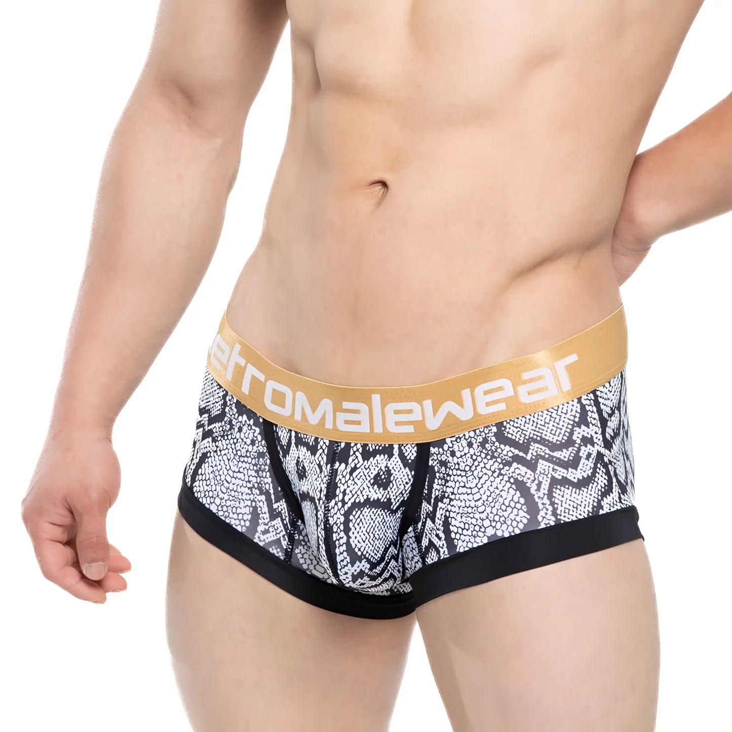 Black and white snake-scale patterned metroMalewear nano trunk briefs with gold waistband and atromalewear logo
