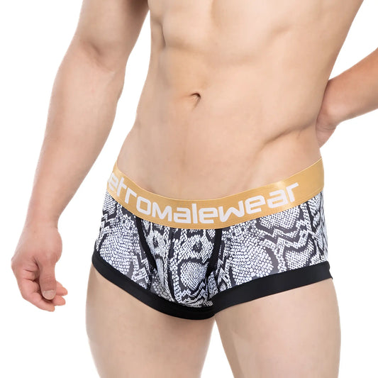 Black and white snake-scale patterned metroMalewear nano trunk briefs with gold waistband and atromalewear logo