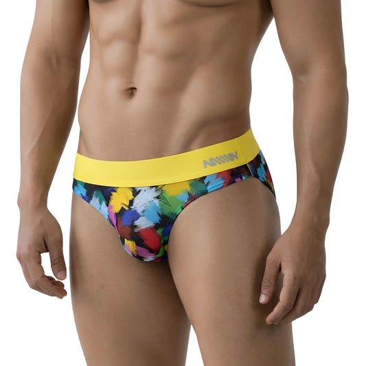 MetroMaleWear Nasca brief yellow features vibrant abstract paint-splatter pattern and bold annn logo waistband