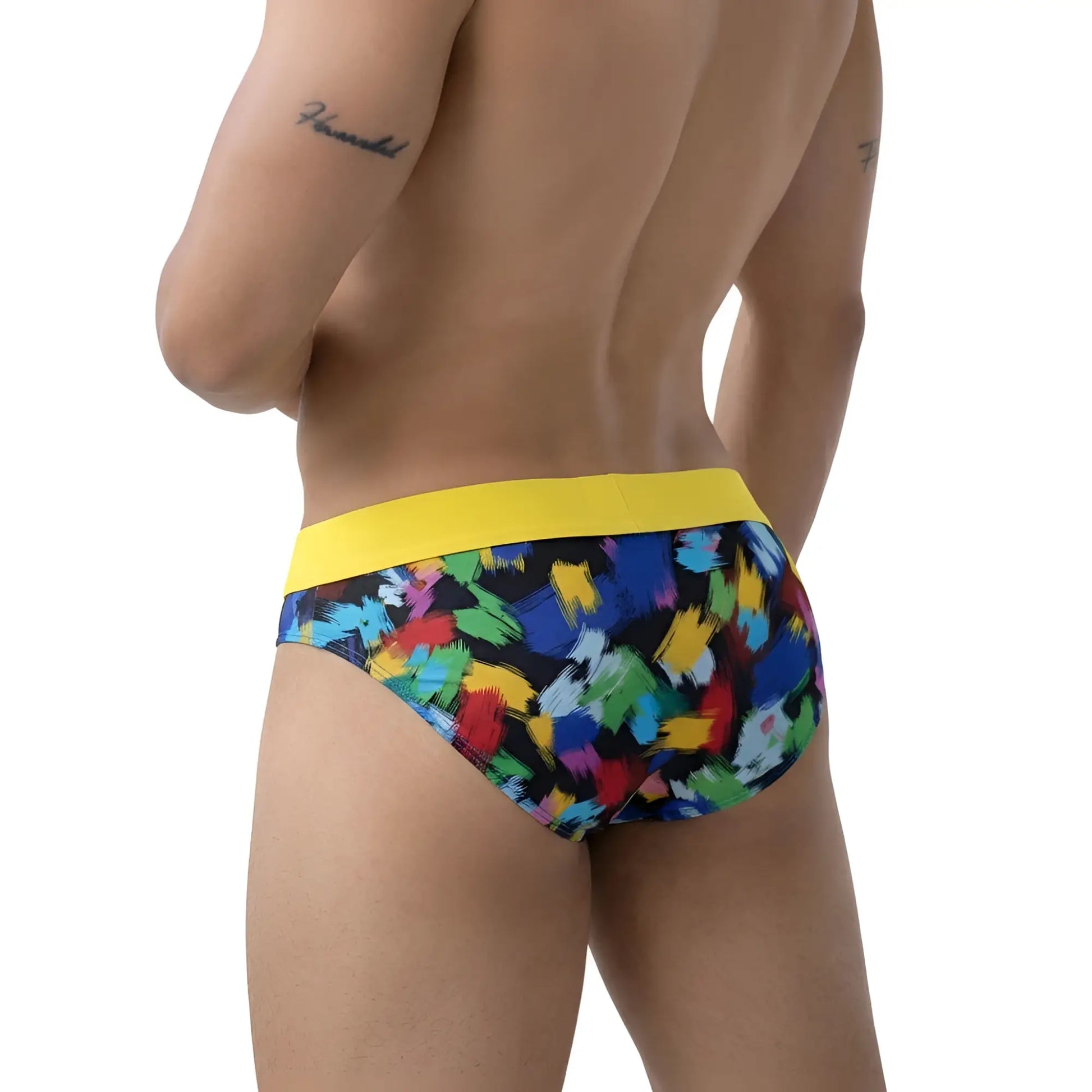 MetroMaleWear Nasca brief yellow 6225-60 with vibrant abstract paint splatter pattern and bold yellow waistband