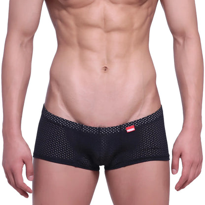 MetroMalewear neon boxer black mesh briefs with subtle white dots and red brand tag on waistband front view