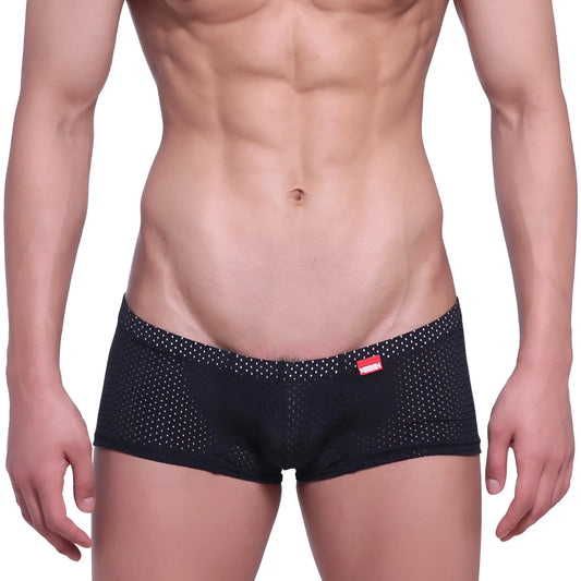 MetroMalewear neon boxer black mesh briefs with subtle white dots and red brand tag on waistband front view