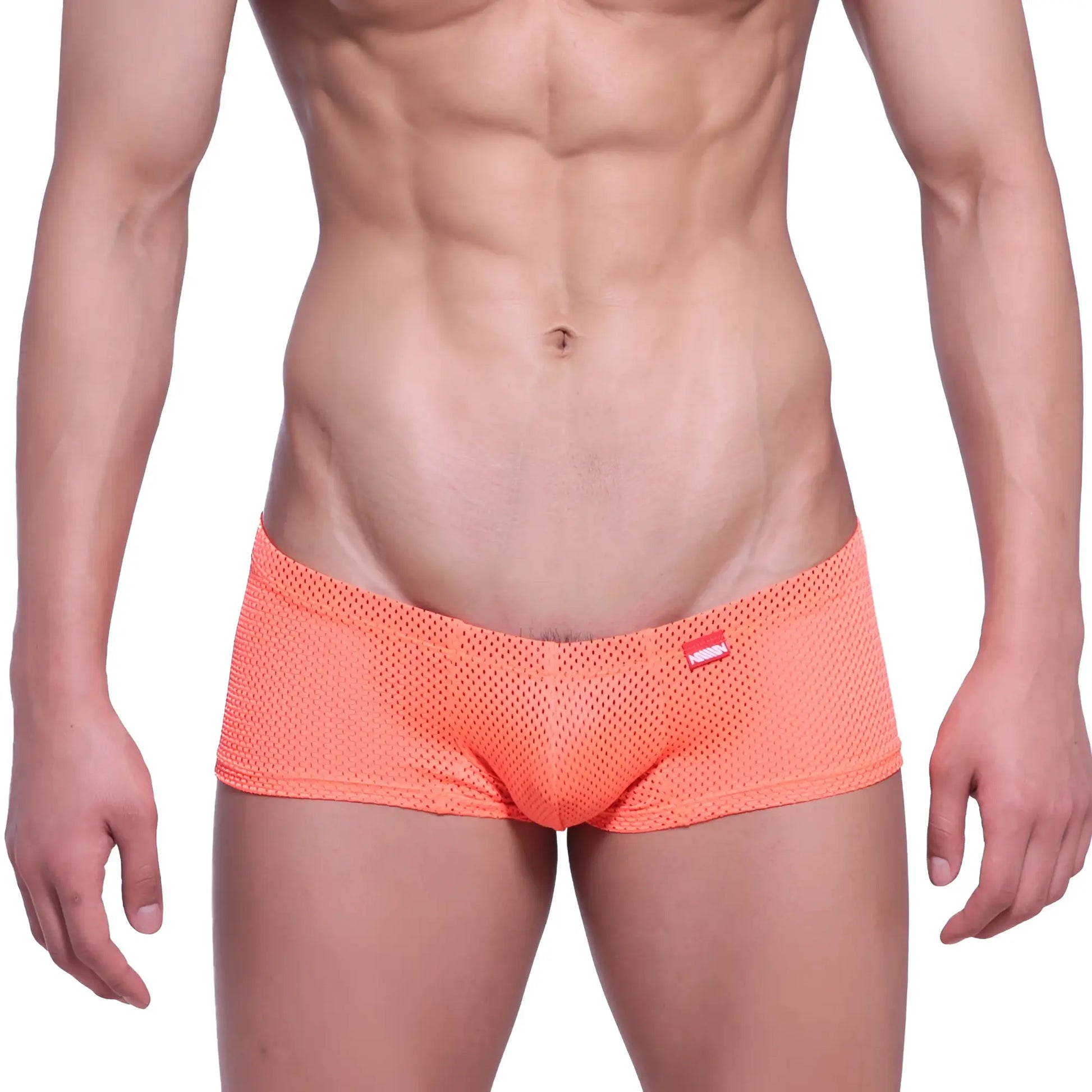 Orange mesh briefs with neon boxer style and small red and white logo on the waistband by metromalewear
