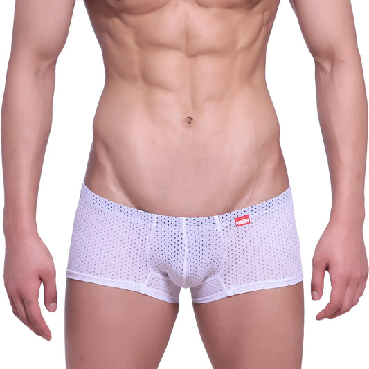 White mesh briefs with subtle dot pattern and red MetroMaleWear brand tag on waistband for comfortable wear
