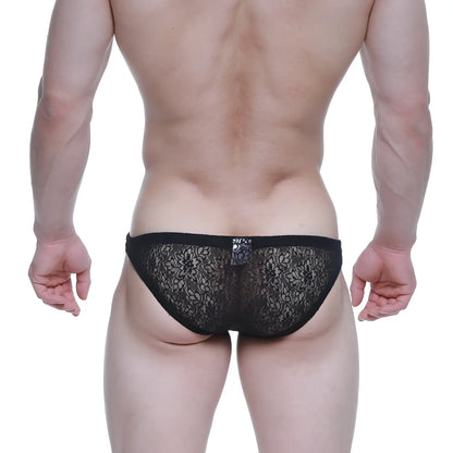 MetroMaleWear net bikini lace black briefs with delicate floral lace pattern and solid waistband front view