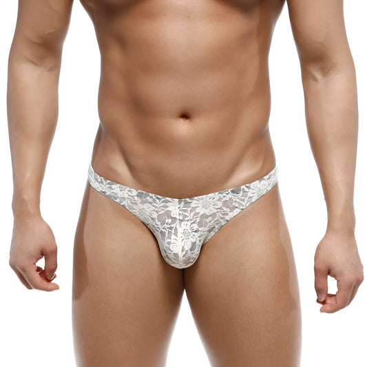 White lace thong with floral pattern from metromalewear net bikini lace nude 1104-01 collection