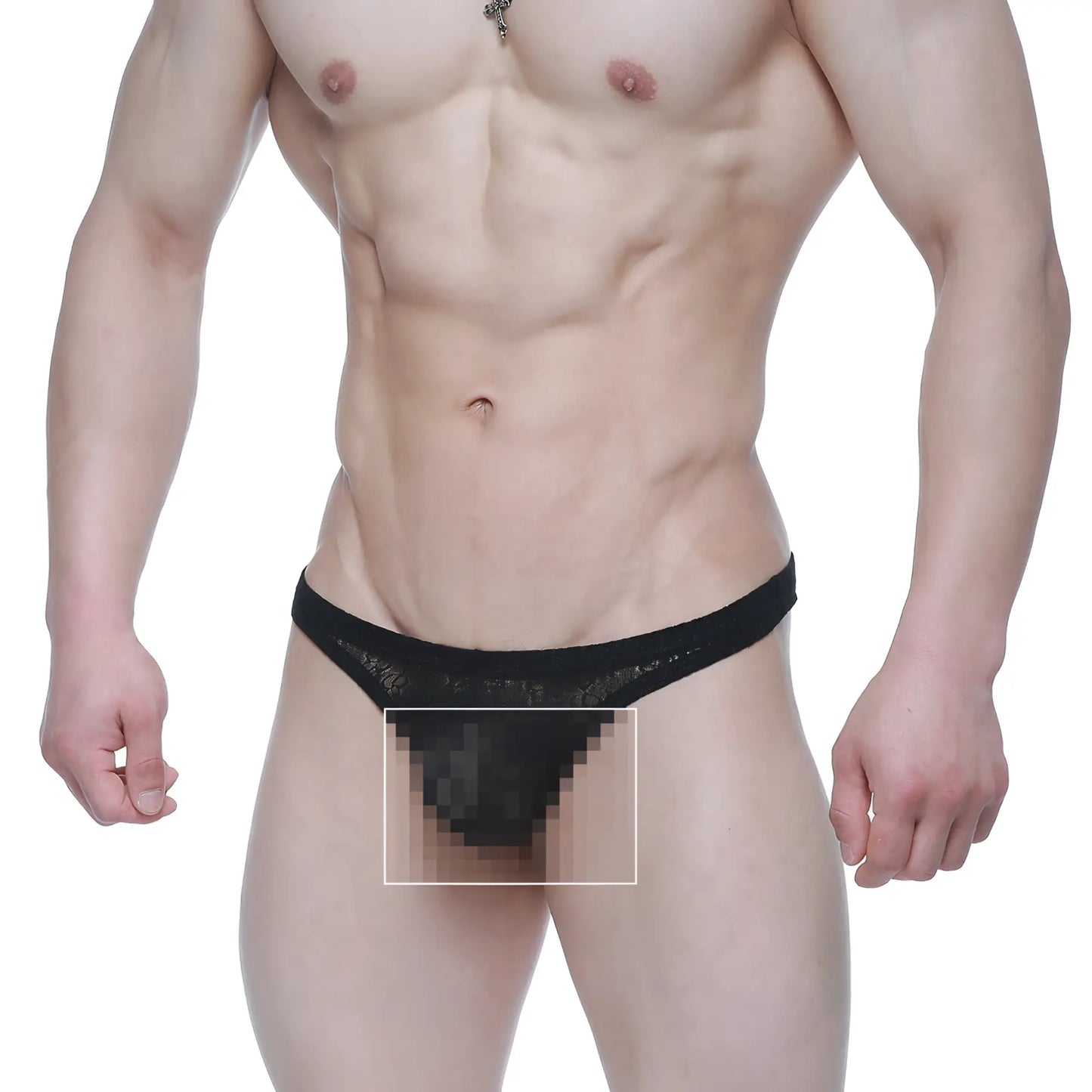 Black lace thong with sheer patterned design from MetroMaleWear net G Lace Black 1122-70 showing front view