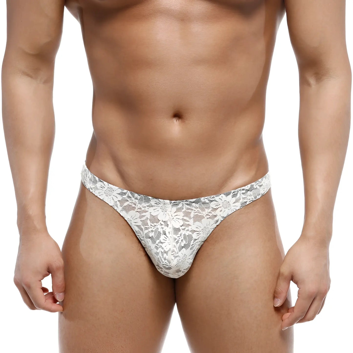 White lace thong with intricate floral patterns from metromalewear net g lace nude 1122-01 in a nude color