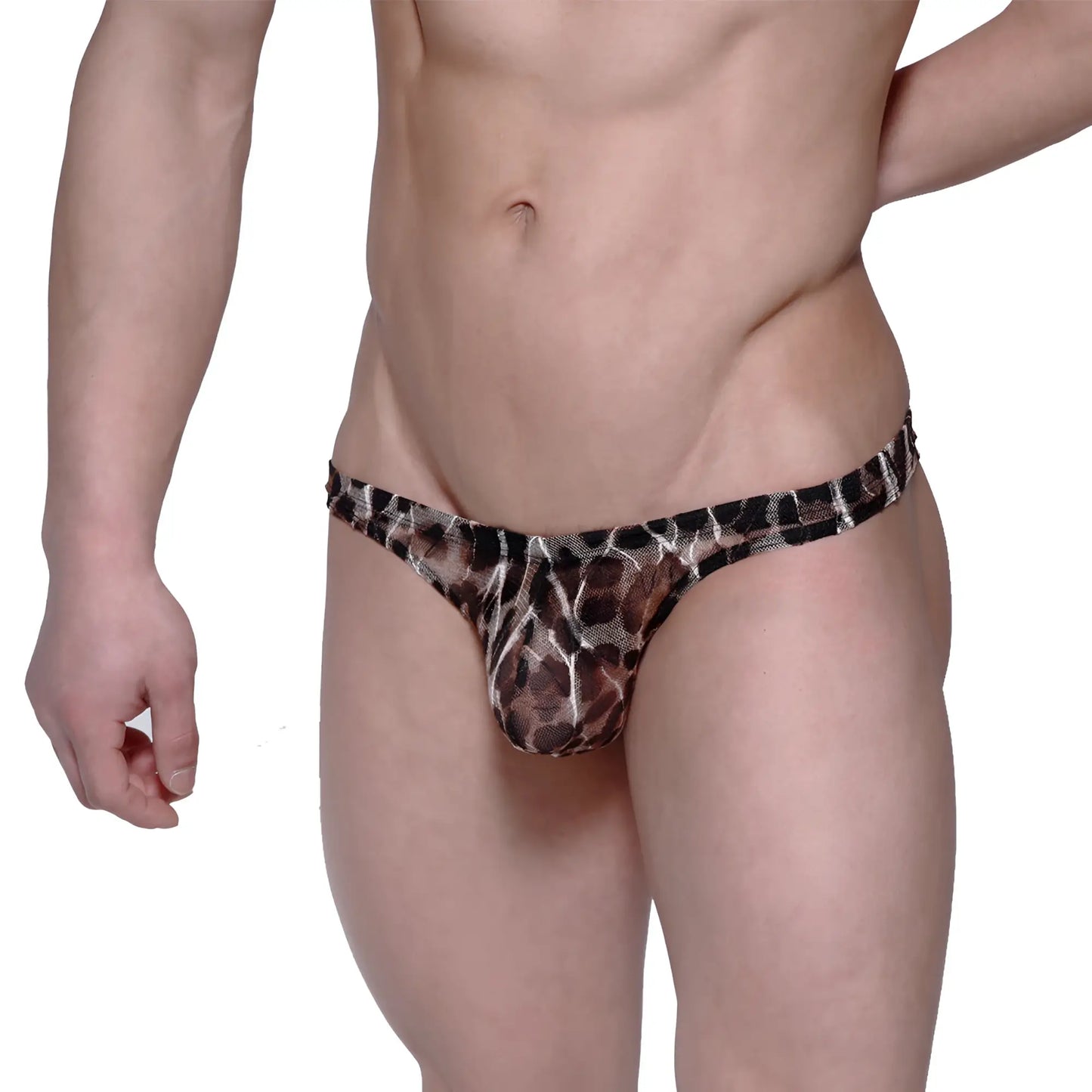 MetroMaleWear net g leopard 1122-60 sheer leopard print thong in black and brown mesh fabric shown from the back side