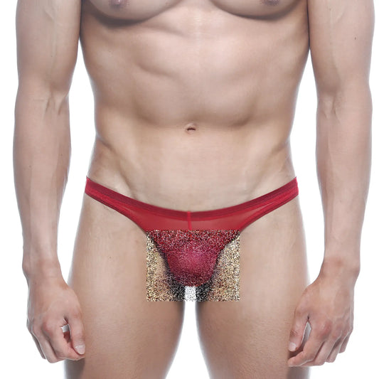 Red mesh thong with a glittery textured center panel from MetroMaleWear net g red 1122-12 product collection